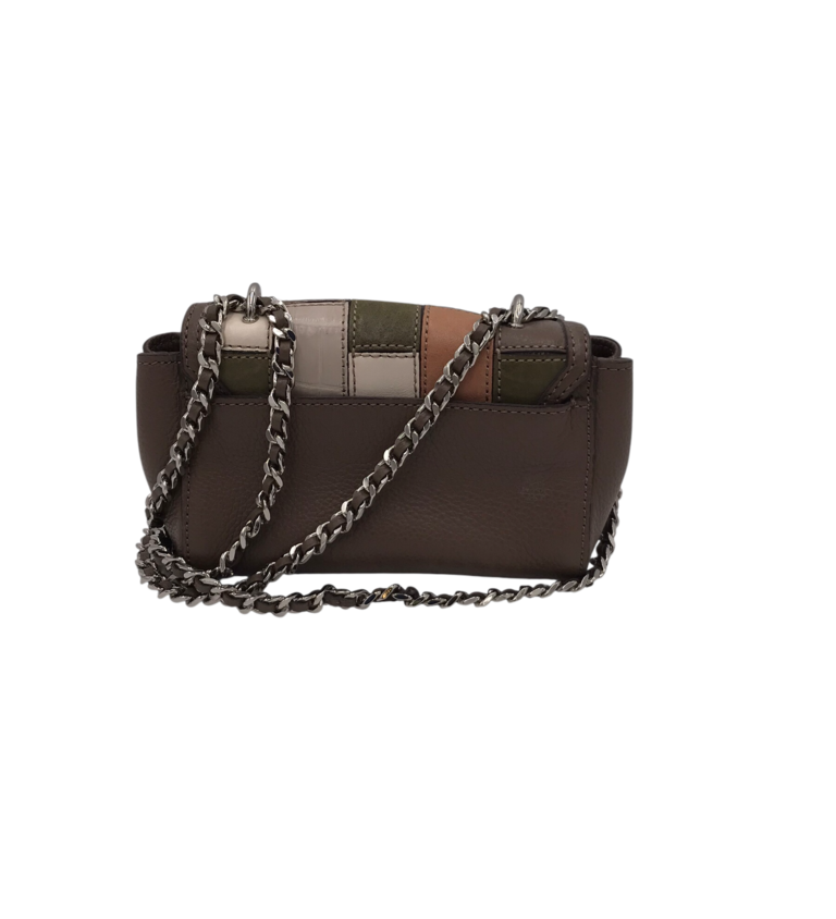 BRIGHTON RET$345 MINI LEATHER PATCHWORK CROSSBODY HANDBAG TAUPE WHITE