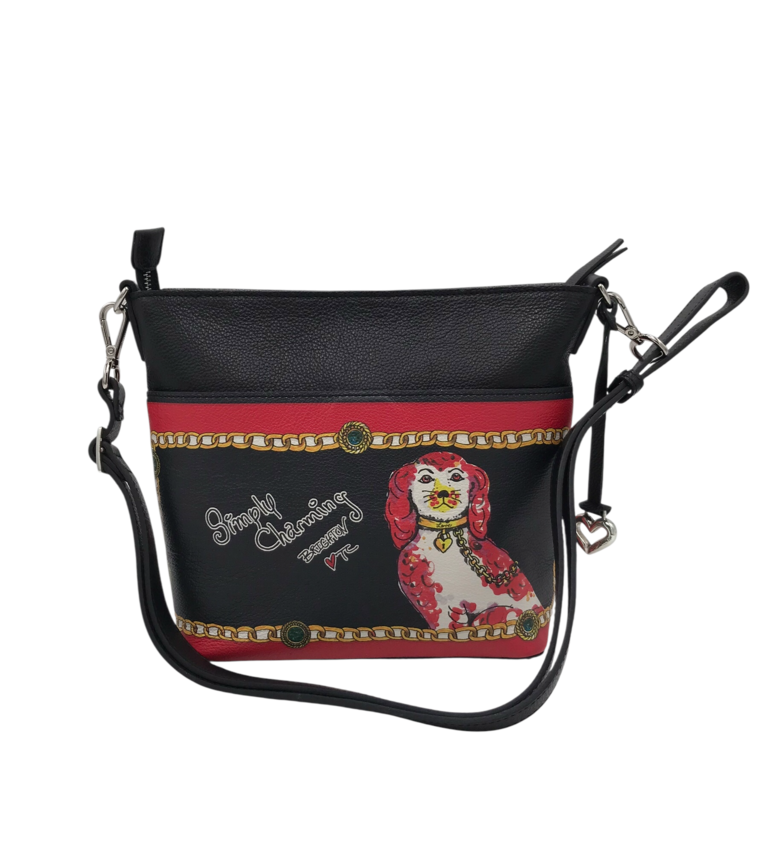 BRIGHTON RET$315 CHAIN PRINT CROSSBODY HANDBAG BLACK RED