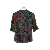 GO SILK 100% SILK PUFF SLEEVE DESIGNER BLOUSE BLUE PINK MEDIUM
