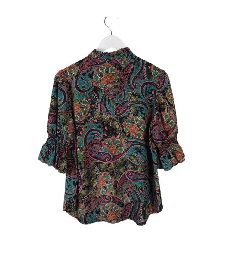 GO SILK 100% SILK PUFF SLEEVE DESIGNER BLOUSE BLUE PINK MEDIUM