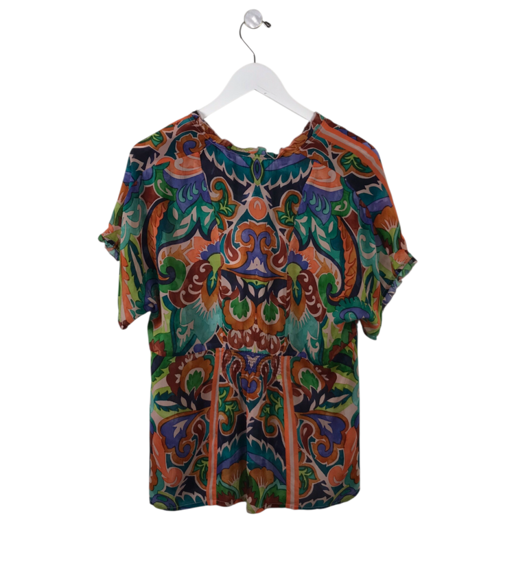 JOHNNY WAS SHORT SLEEVE DESIGNER TOP GREEN ORANGE SMALL