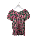 COREY LYNN CALTER FLORAL SHORT SLEEVE DESIGNER TOP PINK GREEN MEDIUM
