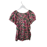 COREY LYNN CALTER FLORAL SHORT SLEEVE DESIGNER TOP PINK GREEN MEDIUM