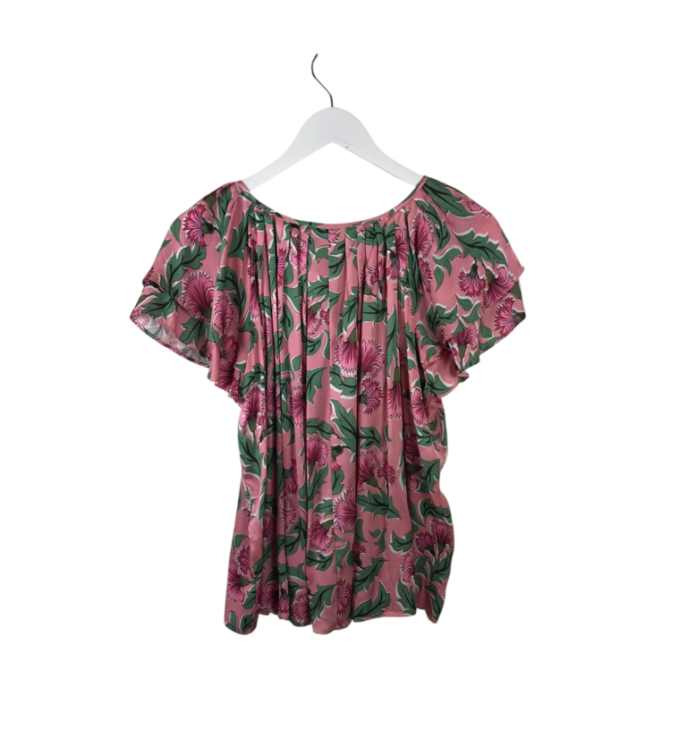 COREY LYNN CALTER FLORAL SHORT SLEEVE DESIGNER TOP PINK GREEN MEDIUM
