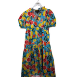 DONNA MORGAN CITRUS PRINT PUFF SLEEVE MIDI DRESS BLUE YELLOW 0