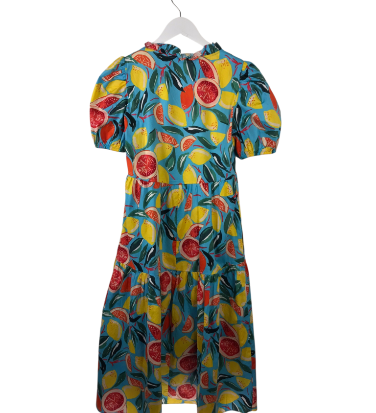 DONNA MORGAN CITRUS PRINT PUFF SLEEVE MIDI DRESS BLUE YELLOW 0