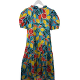DONNA MORGAN CITRUS PRINT PUFF SLEEVE MIDI DRESS BLUE YELLOW 0