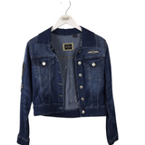 RET$125 SEQUIN DENIM BUTTON JACKET BLUE SILVER SMALL