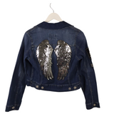 RET$125 SEQUIN DENIM BUTTON JACKET BLUE SILVER SMALL