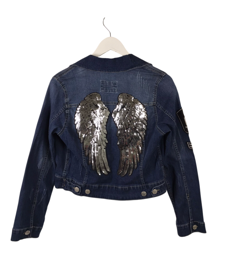 RET$125 SEQUIN DENIM BUTTON JACKET BLUE SILVER SMALL