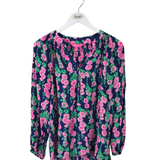 LILLY PULITZER 100% SILK LONG SLEEVE DESIGNER TOP NAVY PINK SMALL