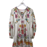 FARM RIO RET$475 LONG SLEEVE MINI DESIGNER DRESS WHITE GREEN SMALL