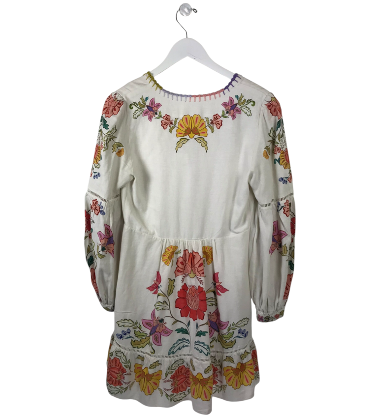 FARM RIO RET$475 LONG SLEEVE MINI DESIGNER DRESS WHITE GREEN SMALL