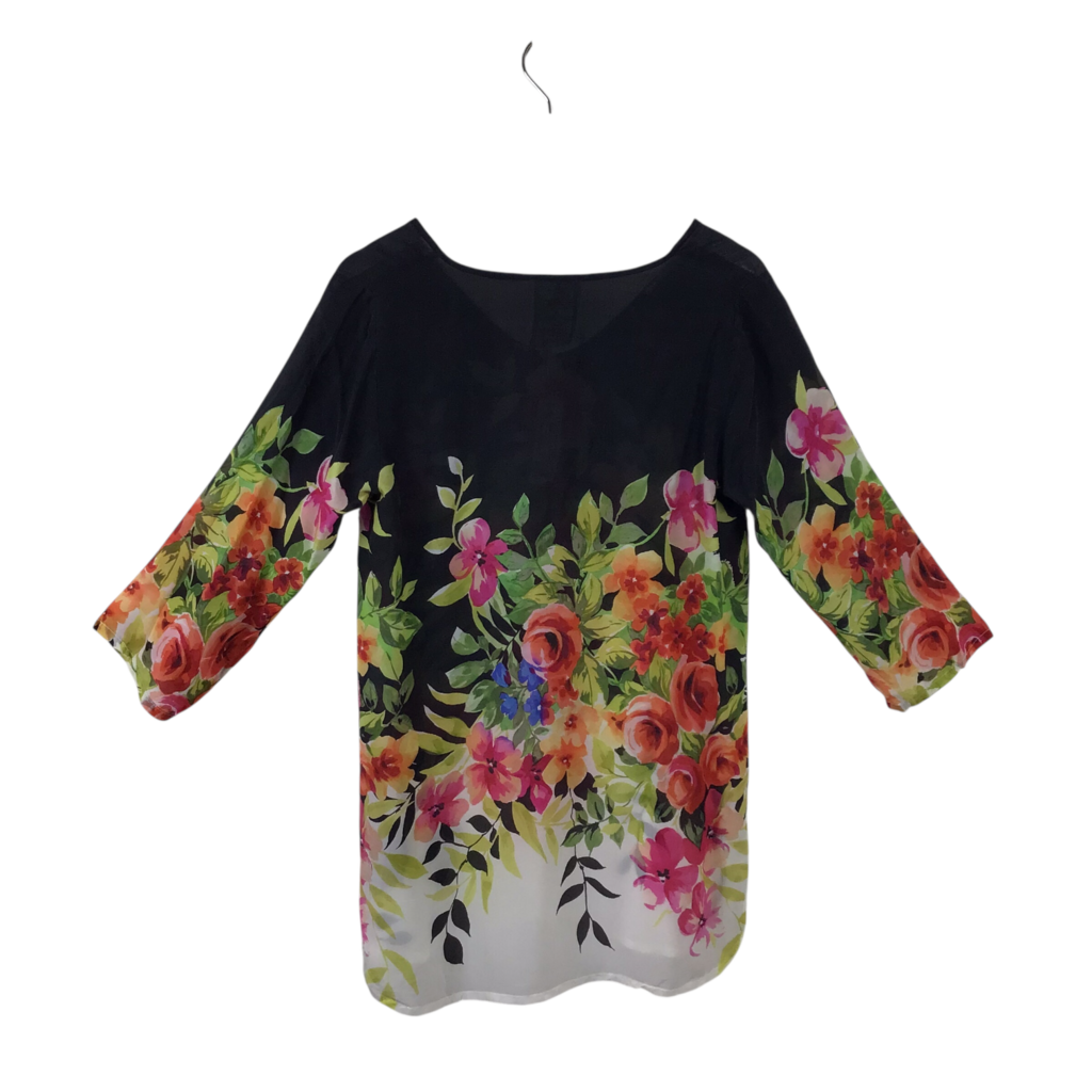 JOHNNY WAS FLORAL 3/4 SLEEVE DESIGNER TOP BLACK MULTI SMALL