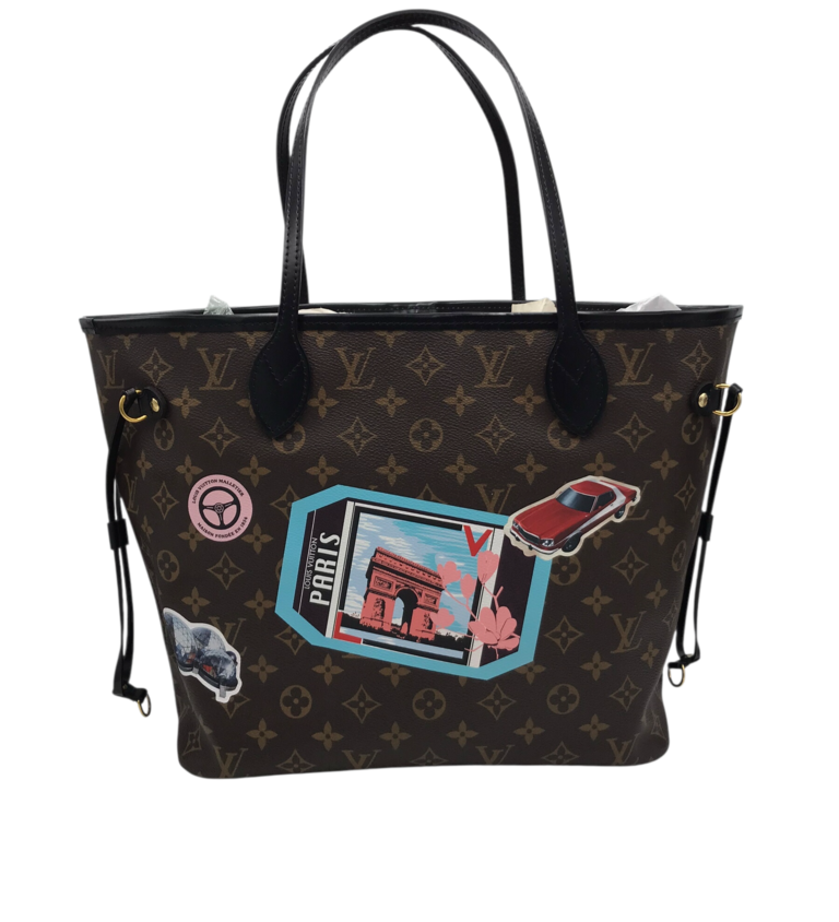 LOUIS VUITTON NEVERFULL MM WORLD TOUR MONO LUXE HANDBAG BROWN 18L x 10H x 6W