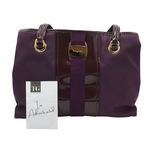 FERRAGAMO PATENT/NYLON SHOULDER LUXE HANDBAG PLUM