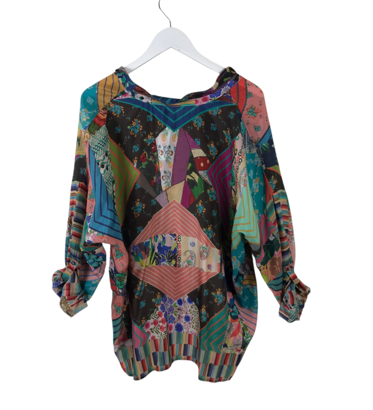 JOHNNY WAS 100% SILK LONG SLEEVE DESIGNER TOP BLUE PURPLE XLARGE