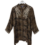 JOHNNY WAS 100% SILK EMBROIDERED DESIGNER TOP OLIVE CREAM XLARGE