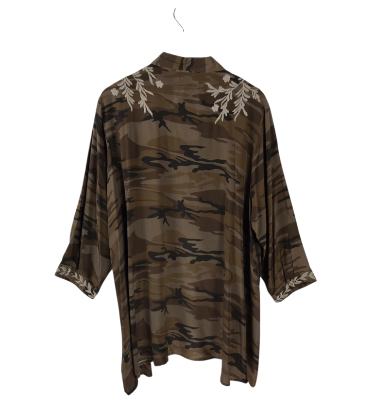 JOHNNY WAS 100% SILK EMBROIDERED DESIGNER TOP OLIVE CREAM XLARGE