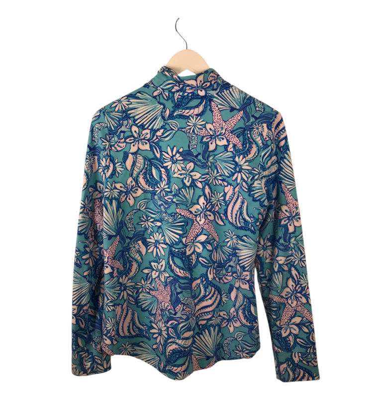 LILLY PULITZER FLORAL ZIP LONG SLEEVE DESIGNER JACKET AQUA WHITE MEDIUM