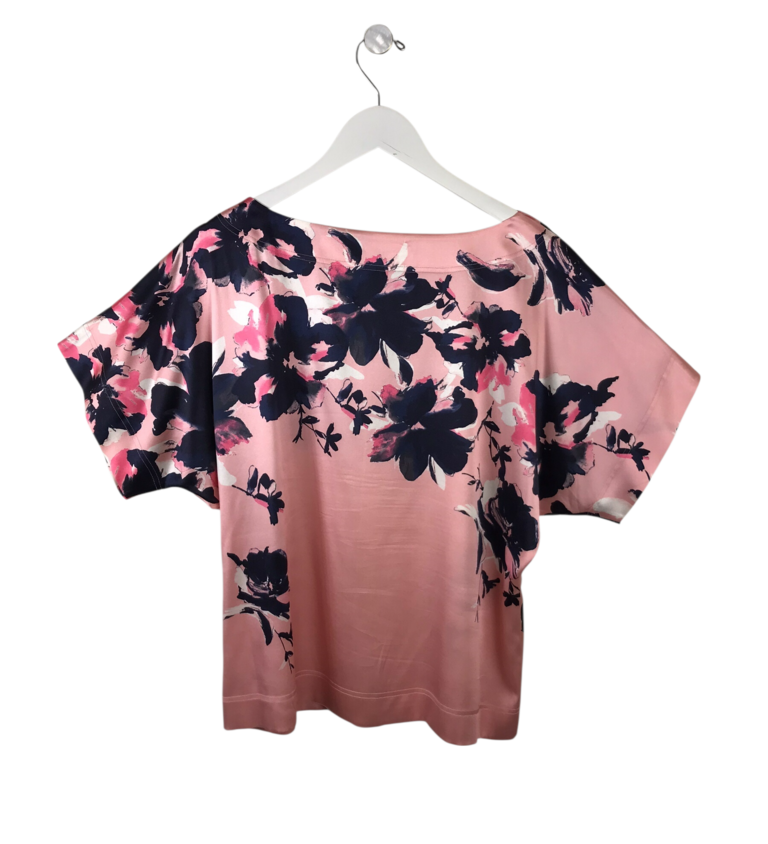 ST JOHN COLLECTION SILK SHORT SLEEVE DESIGNER TOP PINK NAVY MEDIUM