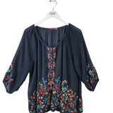 JOHNNY WAS EMBROIDERED 3/4 SLEEVE DESIGNER TOP NAVY MULTI MEDIUM