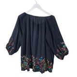 JOHNNY WAS EMBROIDERED 3/4 SLEEVE DESIGNER TOP NAVY MULTI MEDIUM