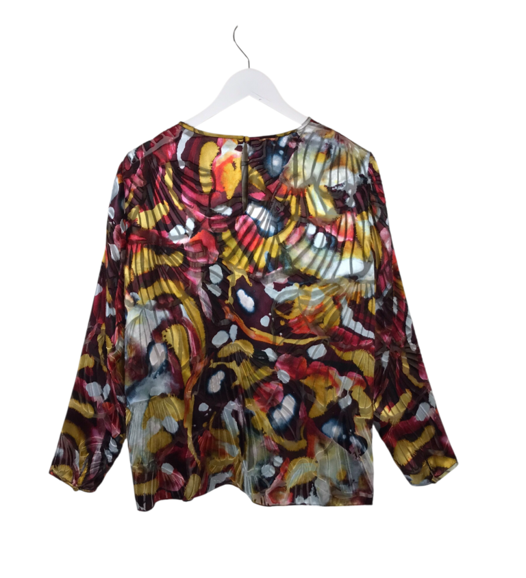LAFAYETTE 148 SILK-BLEND LONG SLEEVE DESIGNER TOP RED YELLOW MEDIUM