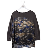 SILK LONG SLEEVE DESIGNER TOP BROWN NAVY MEDIUM