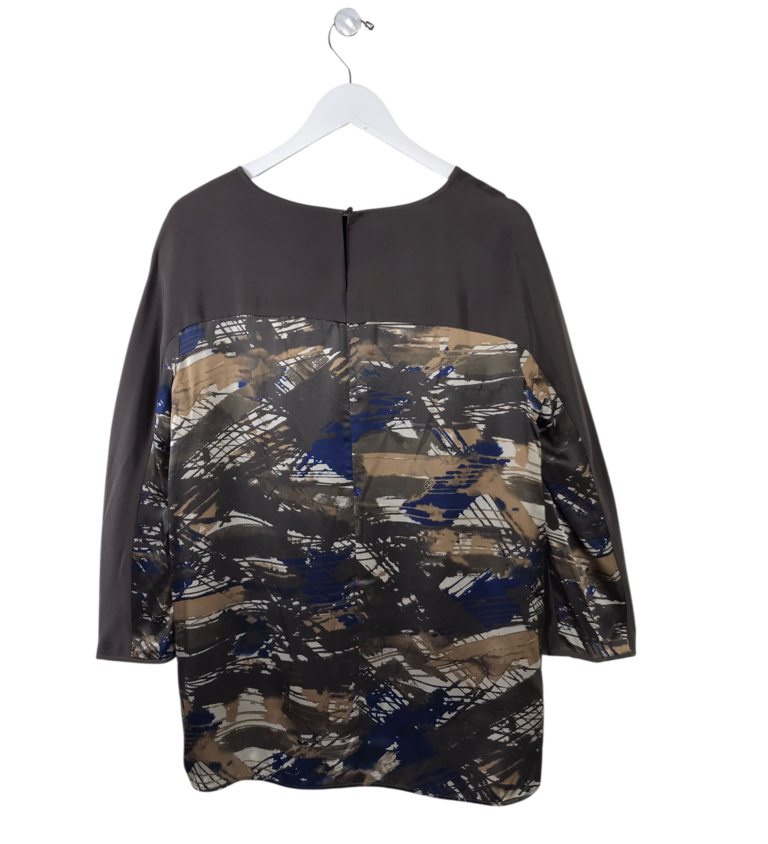 SILK LONG SLEEVE DESIGNER TOP BROWN NAVY MEDIUM