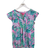 LILLY PULITZER FLORAL FLUTTER SLEEVE DESIGNER TOP TEAL PINK SMALL