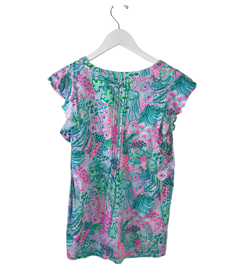 LILLY PULITZER FLORAL FLUTTER SLEEVE DESIGNER TOP TEAL PINK SMALL