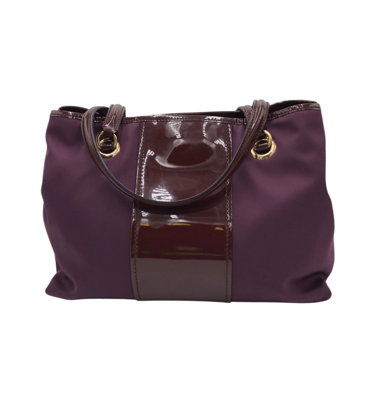 FERRAGAMO PATENT/NYLON SHOULDER LUXE HANDBAG PLUM 13L x 9H x 5W