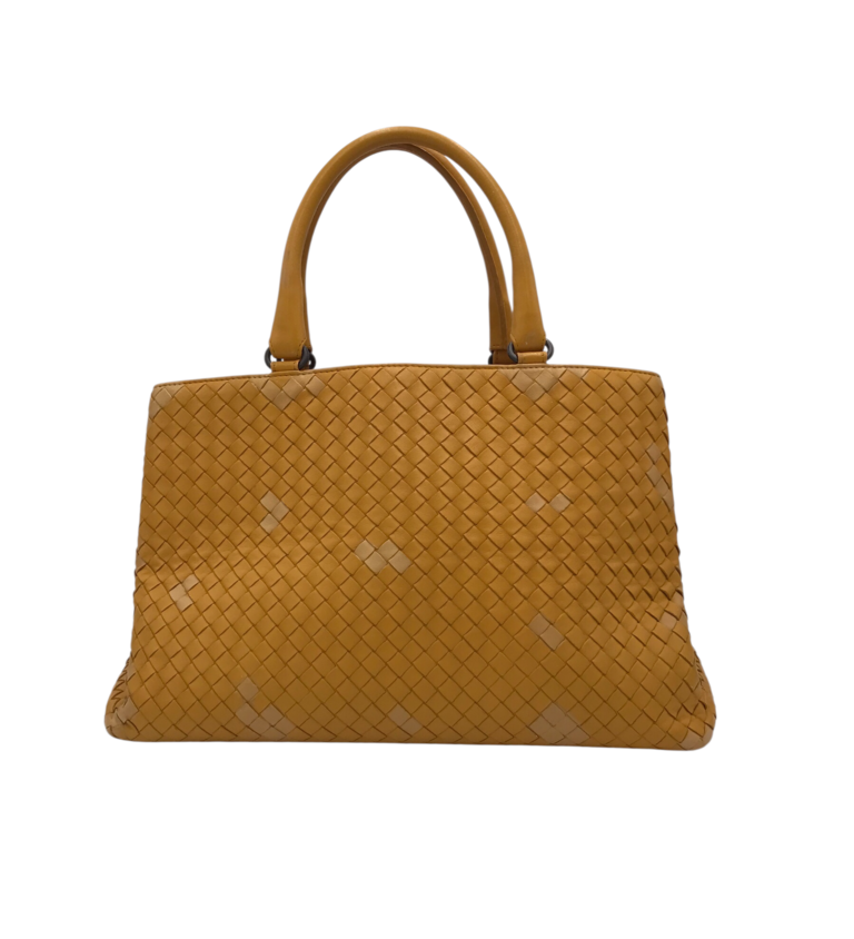 BOTTEGA VENETA INTRECCIATO WOVEN NAPPA LEATHER LUXE HANDBAG YELLOW 13L x 9H x 8.5H