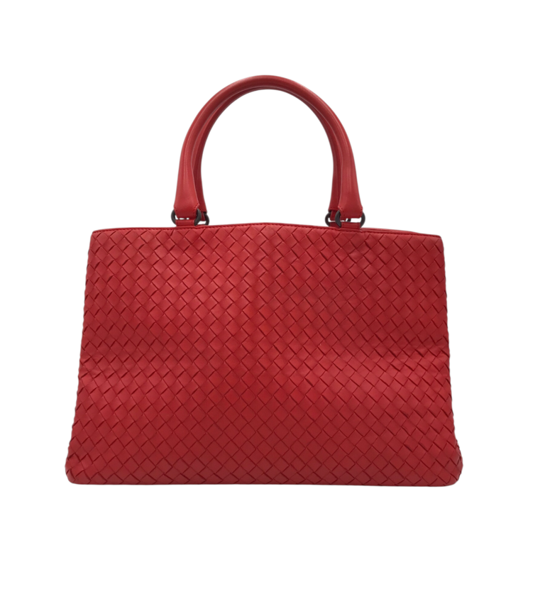BOTTEGA VENETA INTRECCIATO WOVEN NAPPA LEATHER LUXE HANDBAG RED 19L x 9H x 8.5W