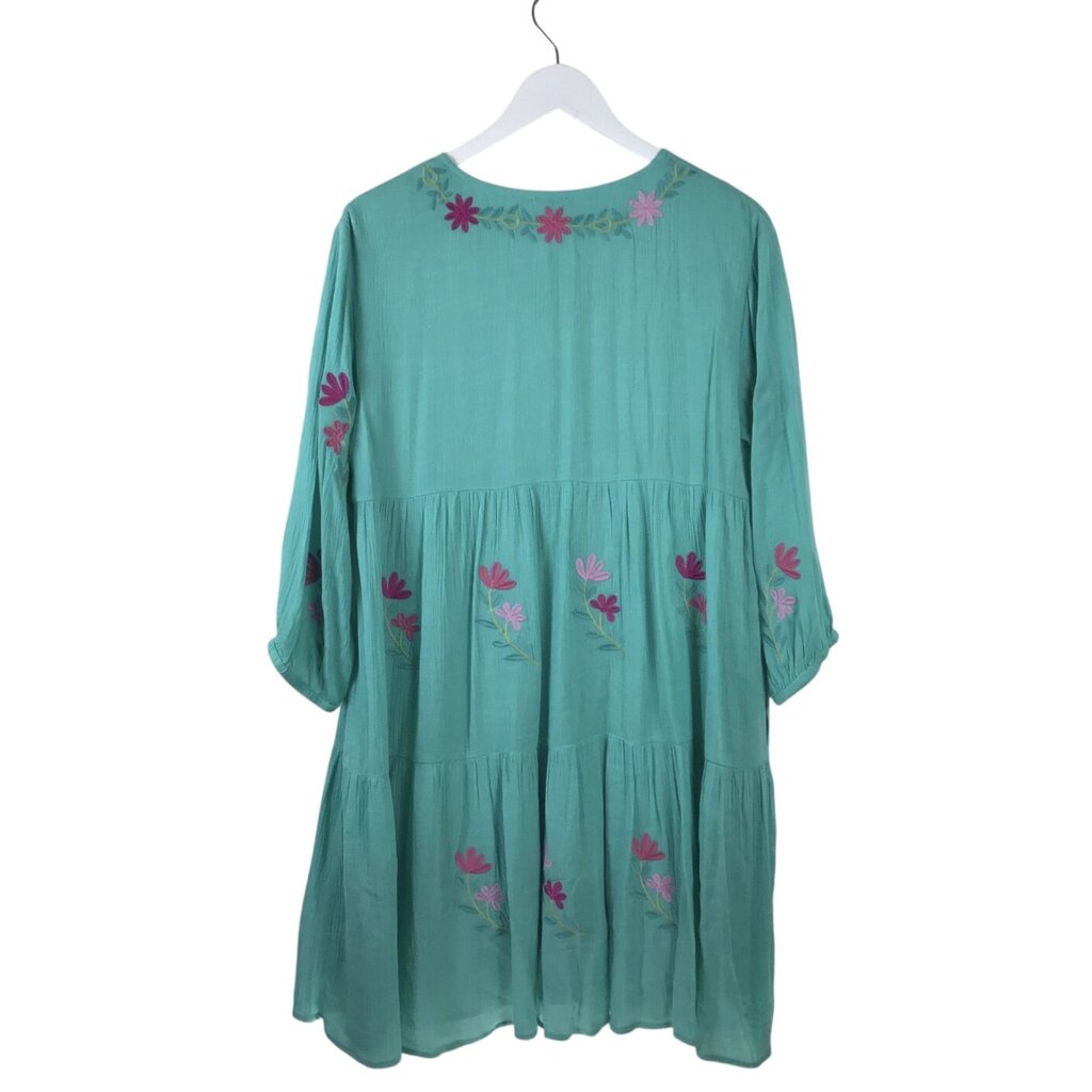 J MARIE EMBROIDERED 3/4 SLEEVE DESIGNER DRESS AQUA PINK MEDIUM