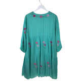 J MARIE EMBROIDERED 3/4 SLEEVE DESIGNER DRESS AQUA PINK MEDIUM