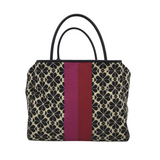 RET$398 2PC JACQUARD FLORAL TOTE HANDBAG BLACK TAN