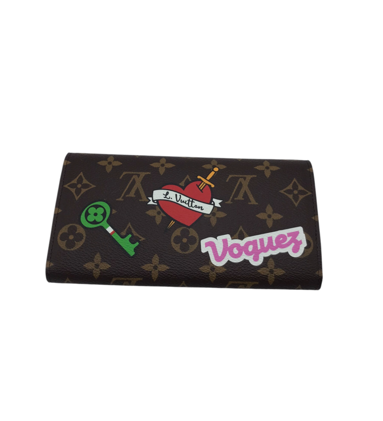 LOUIS VUITTON 2018 SARAH TRAVEL STICKERS LUXE WALLET BROWN 7.5x4x1