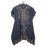 JOHNNY WAS EMBROIDERED SHORT SLEEVE DESIGNER TOP GREY GOLD MEDIUM