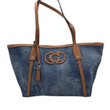 GUESS RET$229 DENIM TOTE HANDBAG BLUE BROWN