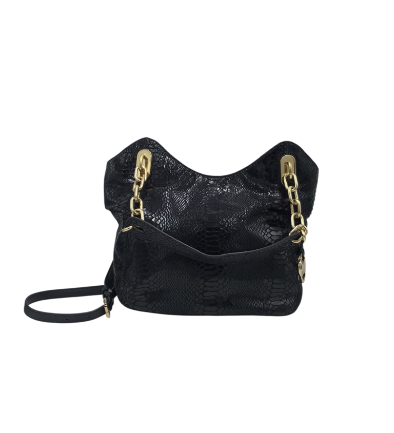 MICHAEL MICHAEL KORS PATENT LEATHER HOBO HANDBAG BLACK GOLD