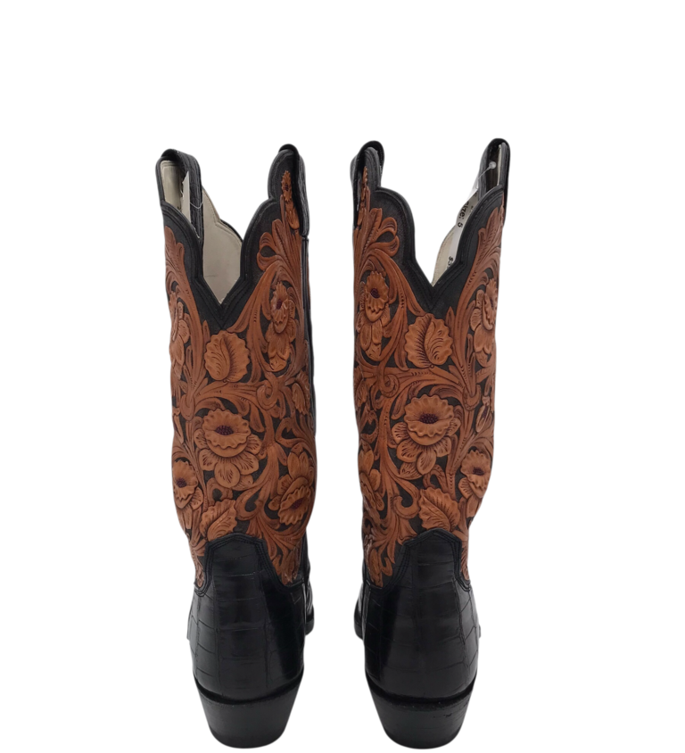 M.L.LEDDY'S TOOLED LEATHER WESTERN BOOTS BROWN BLACK 5