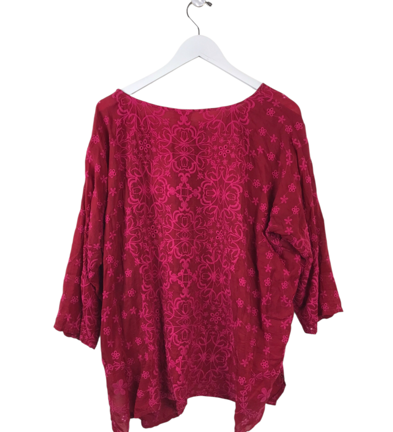 JOHNNY WAS EMBROIDERED 3/4 SLEEVE DESIGNER TOP RED FUCHSIA XLARGE