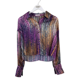 RAMY BROOK PRINT LONG SLEEVE DESIGNER BLOUSE PURPLE TAN SMALL