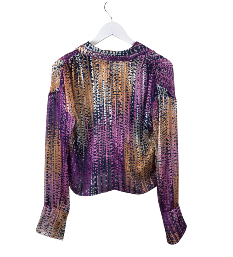 RAMY BROOK PRINT LONG SLEEVE DESIGNER BLOUSE PURPLE TAN SMALL