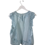 ANTHROPOLOGIE EMBROIDERED FLUTTER SLEEVE TOP BLUE SMALL