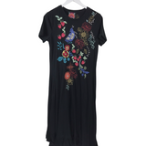 JOHNNY WAS KNIT EMBROIDERED SHORT SLEEVE DESIGNER DRESS BLACK MULTI MEDIUM