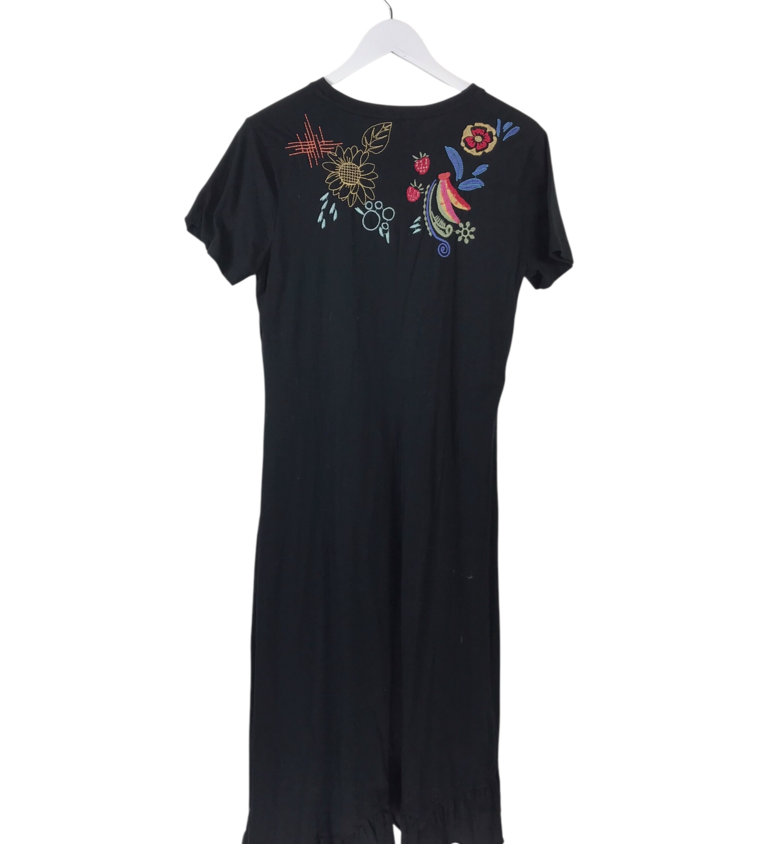 JOHNNY WAS KNIT EMBROIDERED SHORT SLEEVE DESIGNER DRESS BLACK MULTI MEDIUM