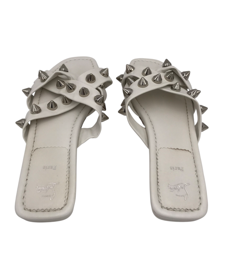 CHRISTIAN LOUBOUTIN MISS SPIKA CLUB LEATHER FLATS SLIDES LUXE SHOES WHITE 42